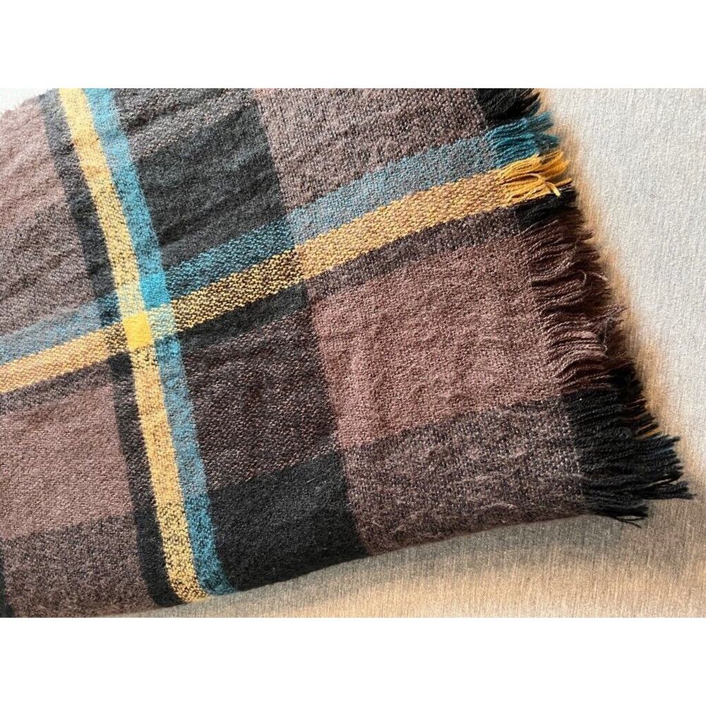 Lucky Brand Womens Scarf Multicolor Plaid Rectangle Wrap Fringe Long Knit 80"
